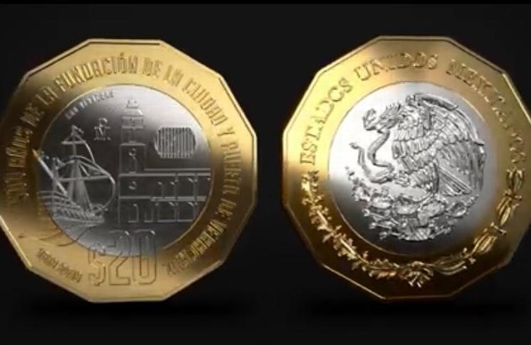 Detalles de la moneda de 20 pesos conmemorativa a la fundación de Veracruz 