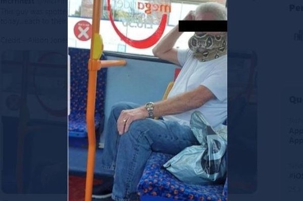 Sorprende hombre usa serpiente como cubrebocas en camión urbano (+fotos)