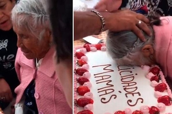 Celebran a una abuelita y le estampan la cara en el pastel (+video)