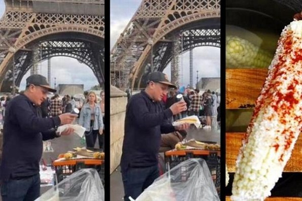 ¡Delicia mexicana! Captan a hombre vendiendo elotes frente a la Torre Eiffel (+video)